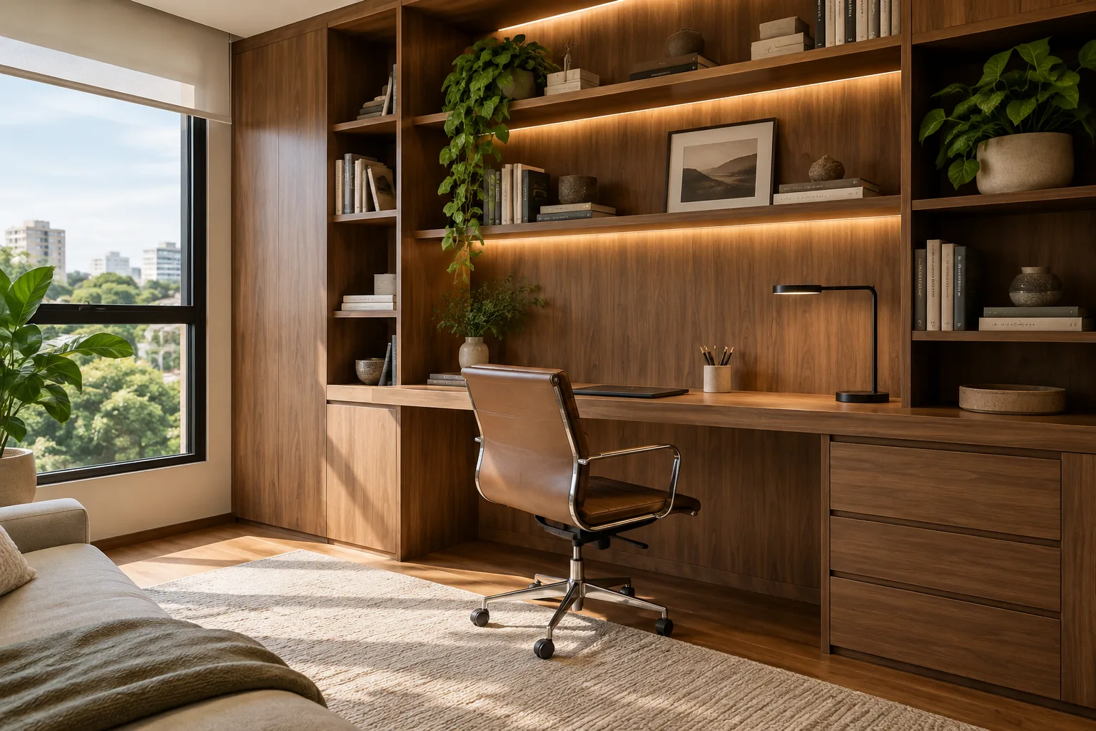 Home office com bancada e estantes planejadas, imagem ilustrativa